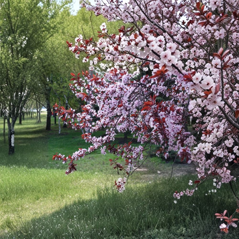 Purple Leaf Plum Tree – Prunus cerasifera Live Bare Root | 2 Ft Tall | Cistena Plum Ornamental Tree | Pink Spring Blooms | Vibrant Landscape Color