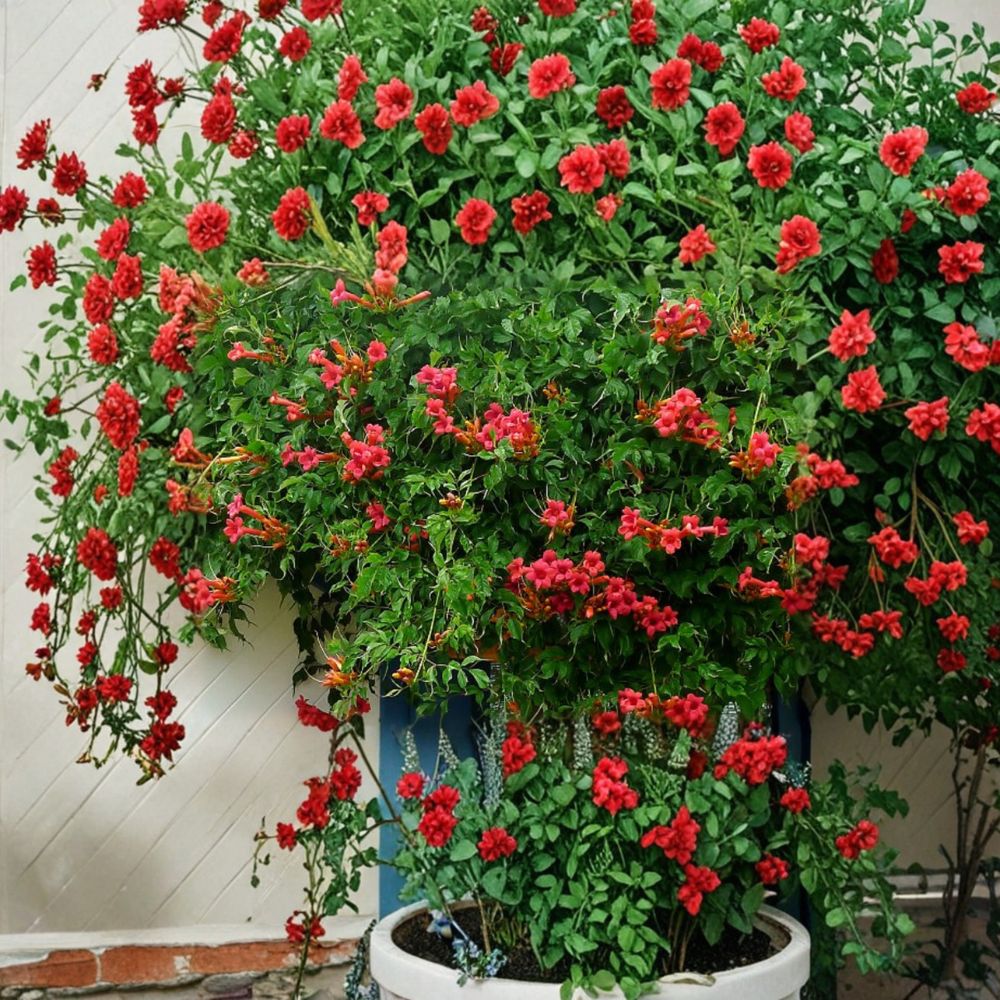 Campsis radicans ‘Flamenco’ – Trumpet Creeper Live Starter Plant | 1–4 Inches Tall | Includes Nursery Pot Red Orange Blooms | Hummingbird Vine | Fast Growing Climber