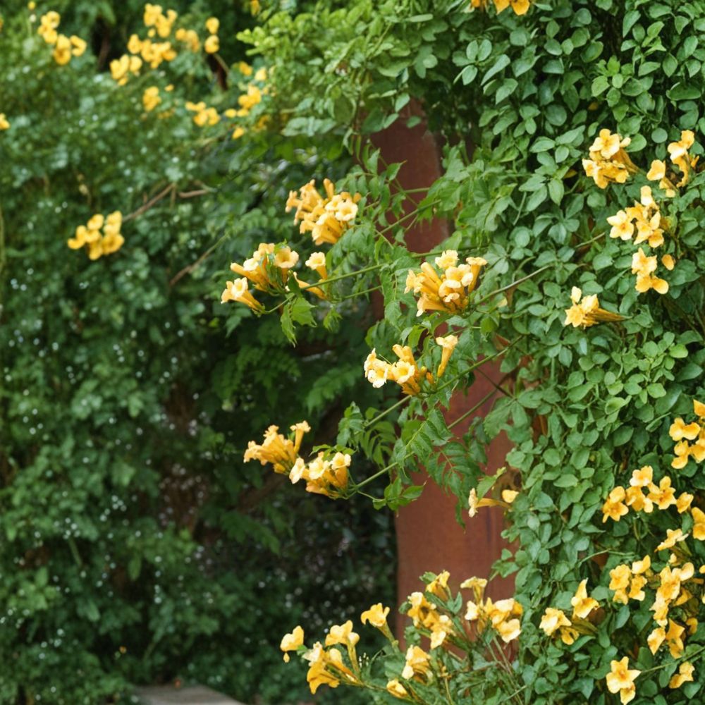 Trumpet Vine ‘Flava’ – Campsis radicans | Live Rooted Starter Plant | Yellow Orange Flowers | Fast Growing Climbing Vine | Hummingbird Attractor