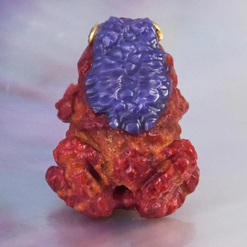 Toad Frog Bead Carved Natural Red Sponge Coral - Premium Purple Clam Shell Ruby Eyes 2.98g Component