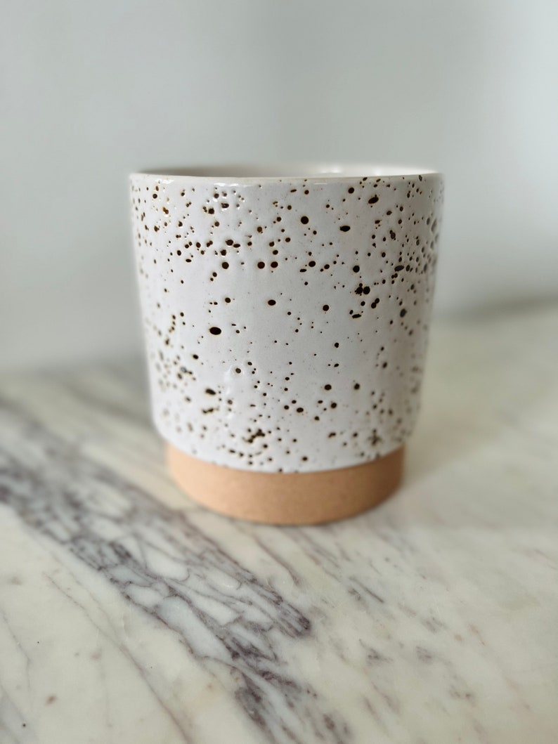 Speckled Saucer Planter - 5” Ceramic Pot - White Reactive Glaze with Brown Speckles - Wilder Pot
