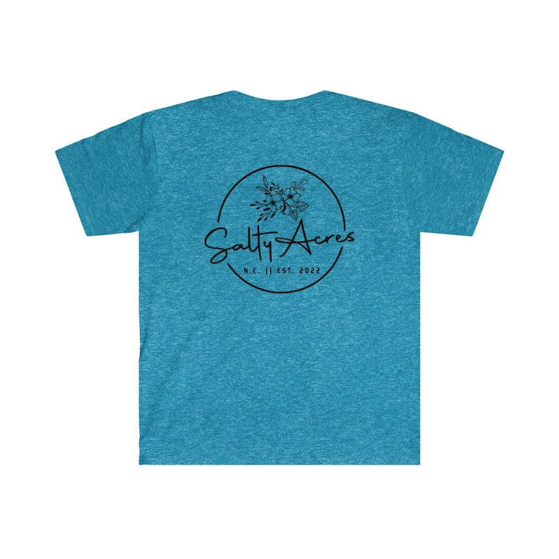 Unisex Softstyle T-Shirt - Salty Acres Logo with Dogwood Flower - 100% Cotton Casual Comfort Tee