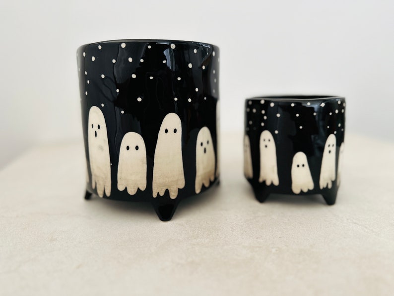 Ghost Planter - Black Ceramic Halloween Decor - Spooky Pot - Multiple Sizes - Friendly Ghosts Under Stars