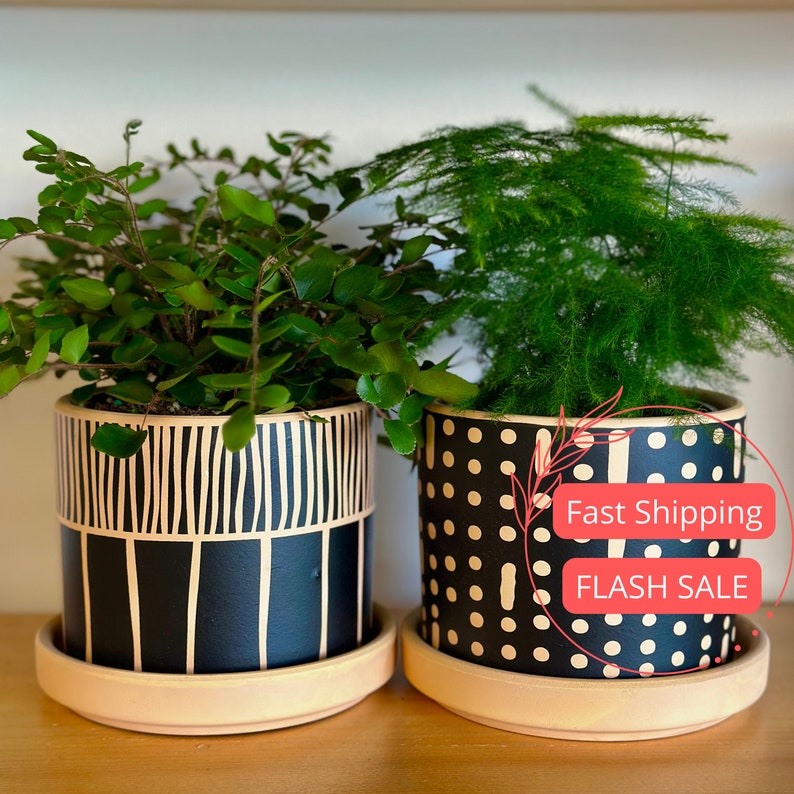 Planter Pots Set of 2, 3, or 4 | Glazed Ceramic Indoor Planters with  Drainage