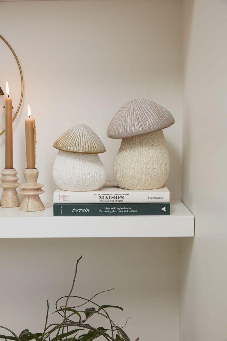 Fungii Pot - Ceramic Cookie Jar with Mushroom Imprints - Beige/Cream - Fits Up to 5” Plants - Whimsical Home Decor