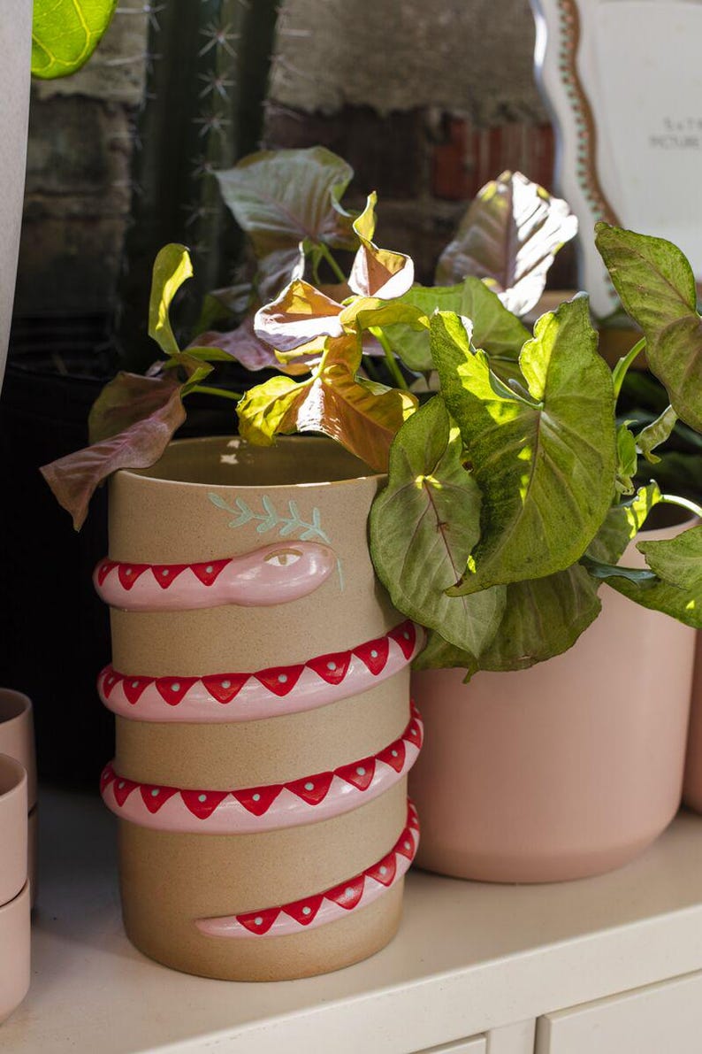 Snake Planter - 4" Size - Beige with Pink & Red Serpent - Ceramic Pot for Upright Plants