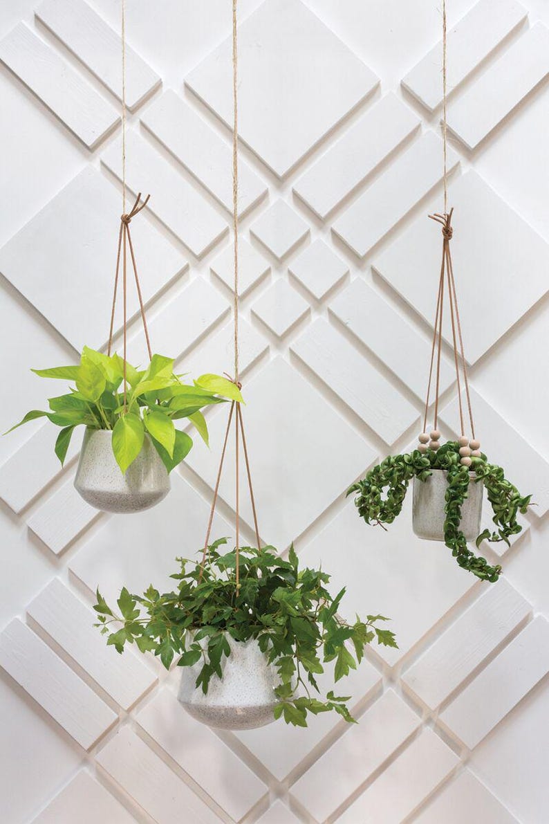 Hanging Planter 4.5" Ceramic Kiva Drop with Jute Cord & Wooden Beads, Minimalist Boho Decor, Handmade, No Drainage