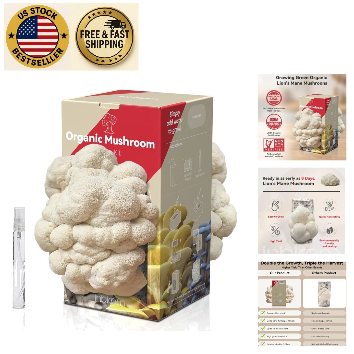 Organic Lion's Mane Mushroom Kit - 4lbs Indoor Gardening Set - Non-GMO, USDA Certified - Hericium erinaceus