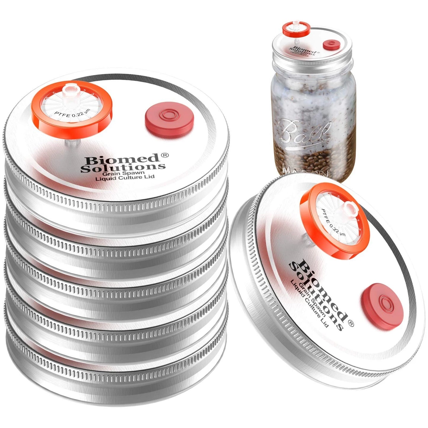 6Pcs Wide Mouth Mushroom Cultivation Lids, Silver Tinplate, Self-Healing Injection Port, Biomed Solutions, Fits Mason Jars
