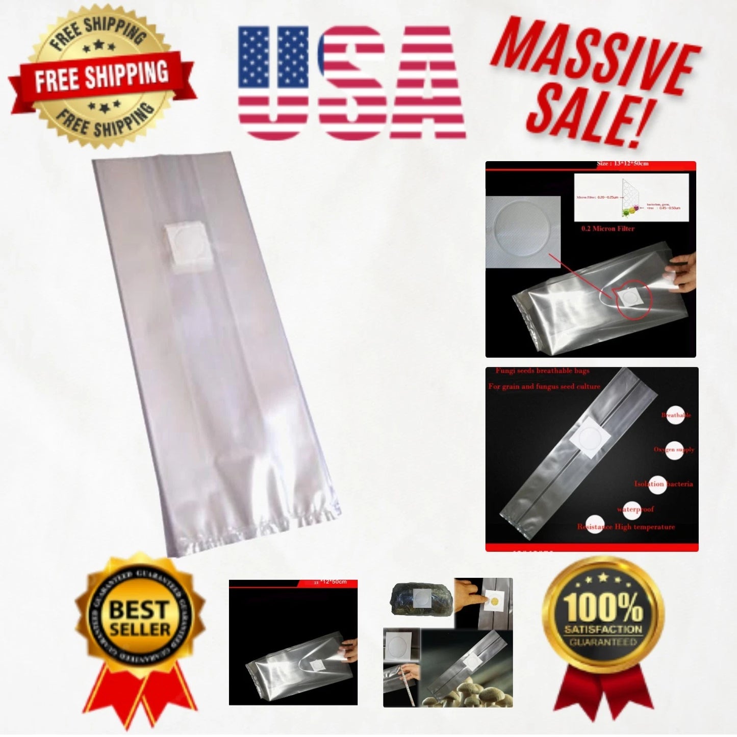 Sealable Mushroom Grow Bags - 5" x 19" - 10 Count, Heavy-Duty Polypropylene, Ideal for Home Cultivation, Sterilized Substrate