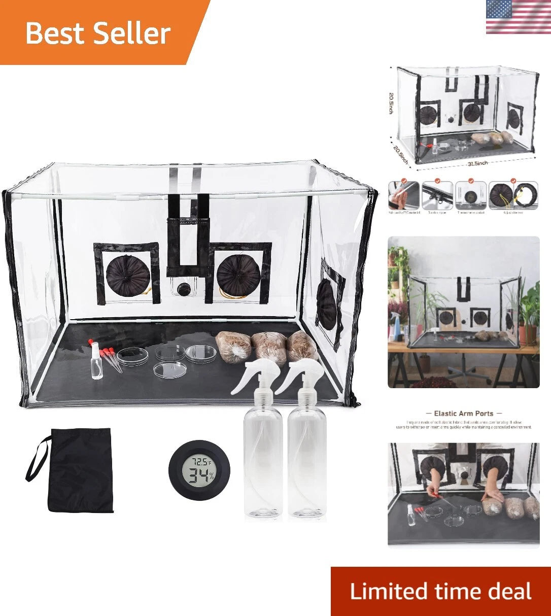 Large Mushroom Grow Tent Kit - Mycology Set with Hygrometer & Water Bottles - 30.5 x 20.5 x 20.5 inches - Durable PVC