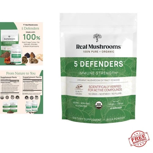 5 Defenders Mushroom Complex Powder - Organic Chaga, Reishi, Turkey Tail, Maitake, Shiitake Extract - Wellness Support, 45 Servings