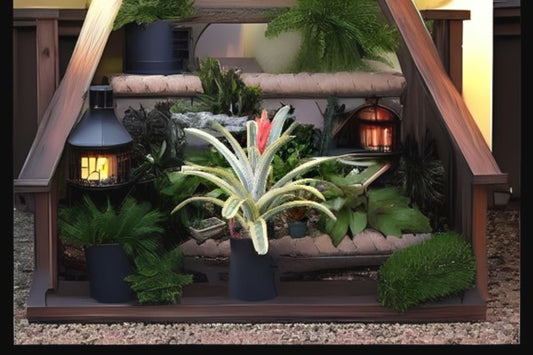Aechmea Harvey’s Pride Plant in 9" Pot - Albomarginated Foliage with Salmon and Yellow Bloom - Aechmea Little Harv Cultivar