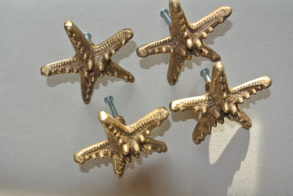 4 Pack Small Starfish Solid Brass Knobs - 70mm Premium Tropical Vintage Cabinet Hardware Set (Style B)
