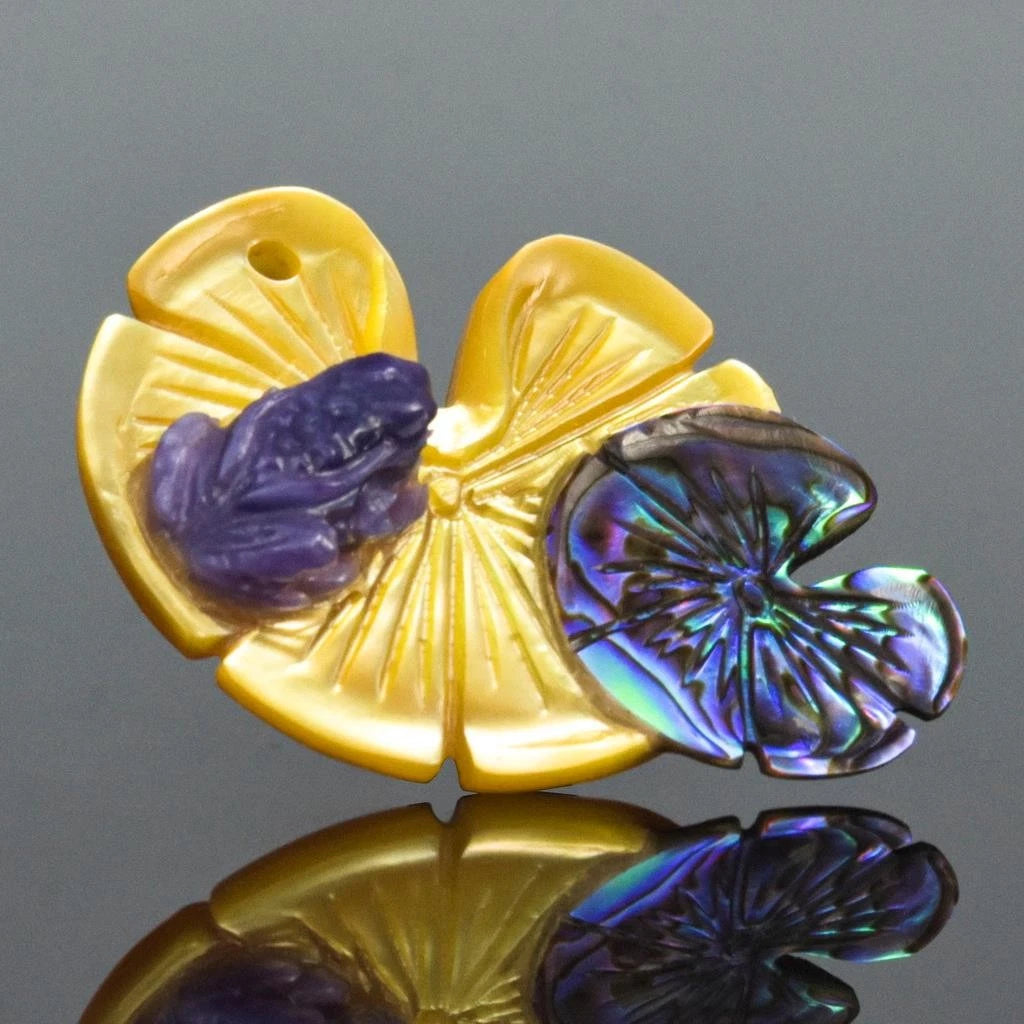 Lotus Leaves & Toad Frog Carved Multicolor Shell & Paua Abalone - Premium 4.61g Drilled Pendant Component