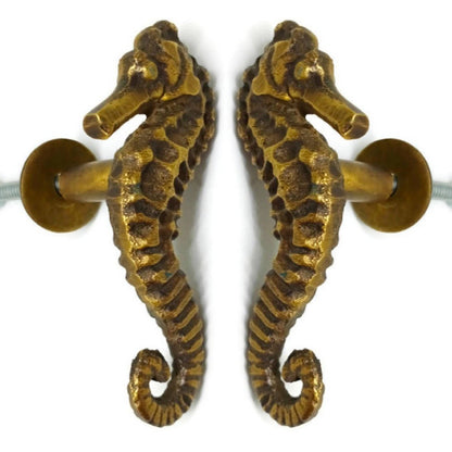 2 Pack Small Solid Brass Seahorse Knobs - 3 Inch Premium Tropical Nautical Cabinet Hardware Set
