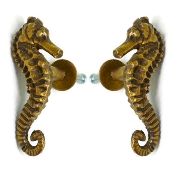 2 Pack Small Solid Brass Seahorse Knobs - 3 Inch Premium Tropical Nautical Cabinet Hardware Set