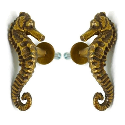 2 Pack Small Solid Brass Seahorse Knobs - 3 Inch Premium Tropical Nautical Cabinet Hardware Set