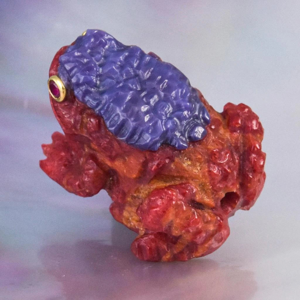 Toad Frog Bead Carved Natural Red Sponge Coral - Premium Purple Clam Shell Ruby Eyes 2.98g Component