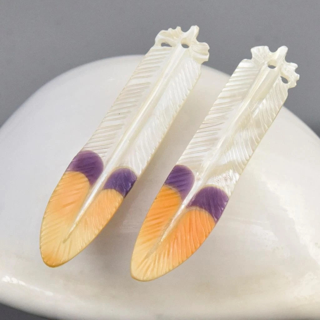 Parrot Feather Earring Pair Carved Multicolor Shell - Premium 2.49g Jewelry Making Supply Set
