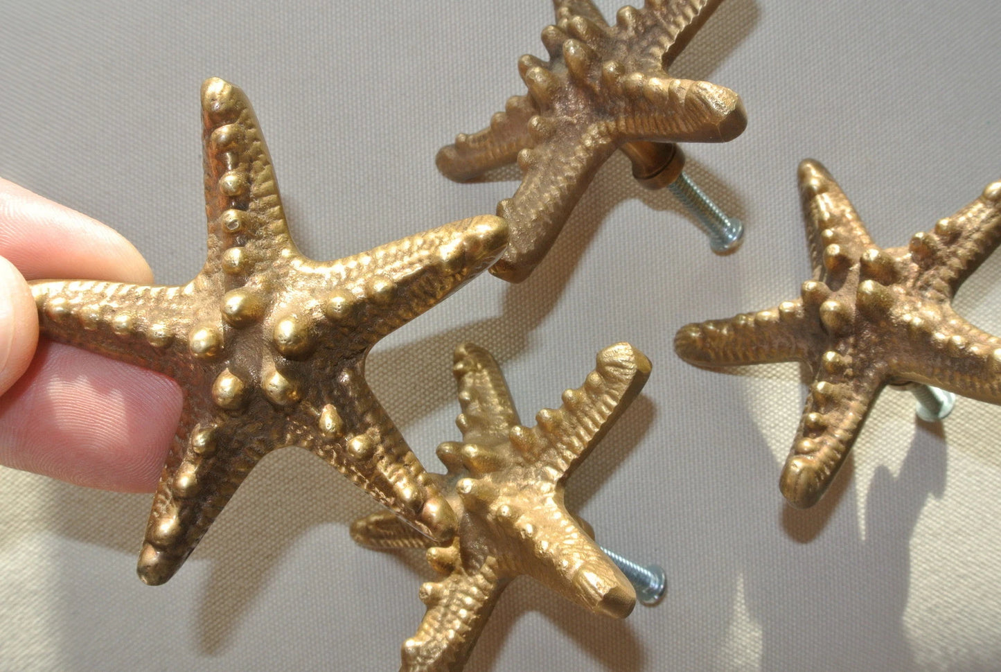 4 Pack Small Starfish Solid Brass Knobs - 70mm Premium Tropical Vintage Cabinet Hardware Set (Style B)