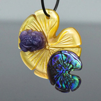 Lotus Leaves & Toad Frog Carved Multicolor Shell & Paua Abalone - Premium 4.61g Drilled Pendant Component