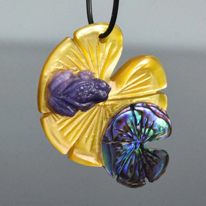 Lotus Leaves & Toad Frog Carved Multicolor Shell & Paua Abalone - Premium 4.61g Drilled Pendant Component