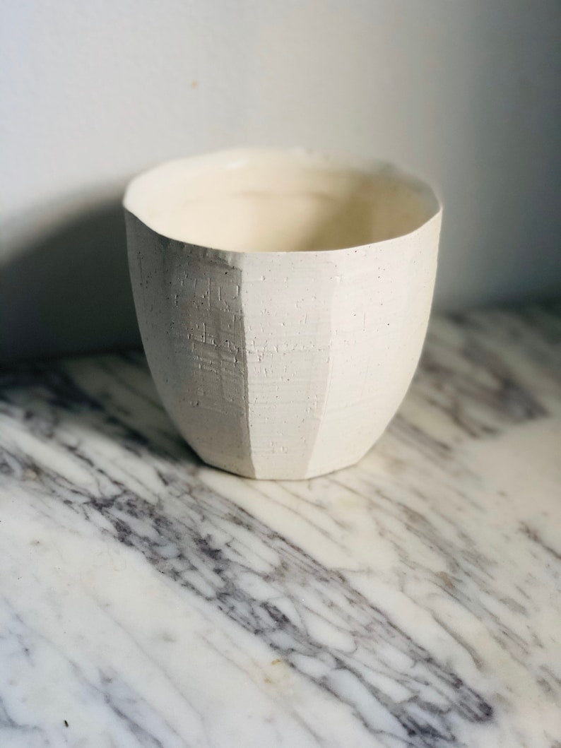 Geometric Stone Pot - Hand Carved Decorative Planter - Bohemian Ceramic Flower Pot - No Drainage - Multiple Sizes