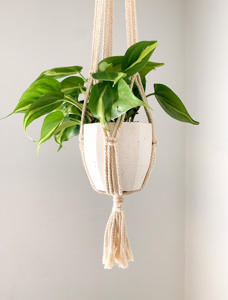 Macrame Hanger - Decorative Tassel Planter - Cotton Rope & Bamboo - Boho Plant Decor - Ideal for Geometric Pots