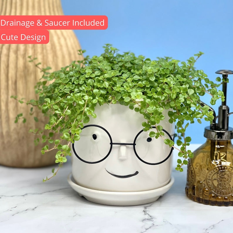 Ceramic Face Planter with Glasses, Cute Planter with Drainage and Saucer, 5-8 Inch Flower Pot, Unique Home Decor