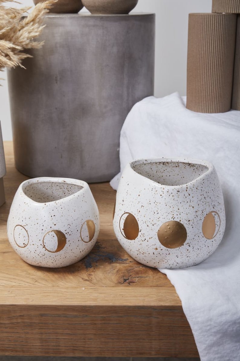 Ceramic Planter Pot - Speckled White with Gold Moon Design - Medium & Large Sizes - Boho Houseplant Decor