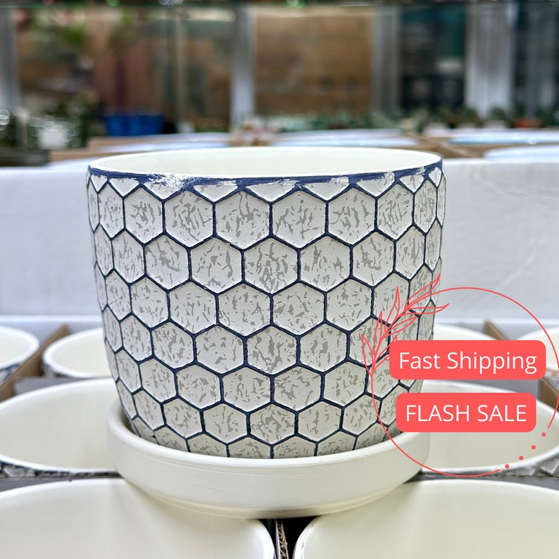 Honeycomb Planter Pots Set of 4 | Glazed Ceramic Indoor Planters with Drainage | 4.5" Diameter Planters