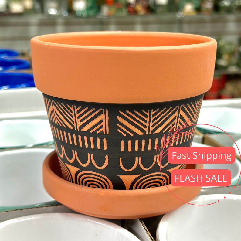 Patterned Terracotta Pot Set | 4.5" Indoor Plant Pots with Drainage and Saucer | Terra Cotta Planters for Houseplants