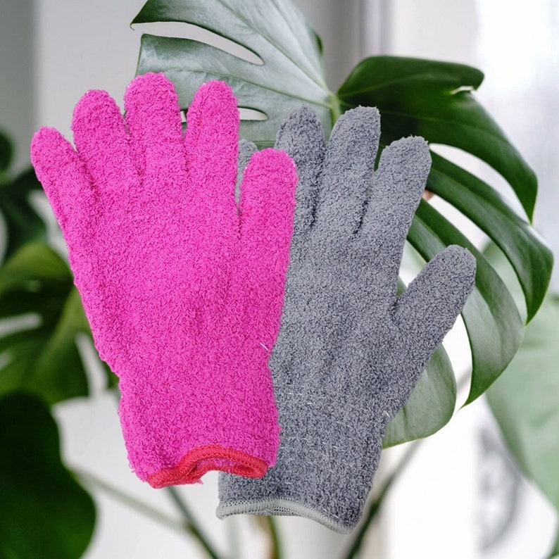 Microfiber Dusting Gloves Pair | Gray or Pink Ultra-Soft Cleaning Gloves for Plant Care | Effortless Leaf Dusting