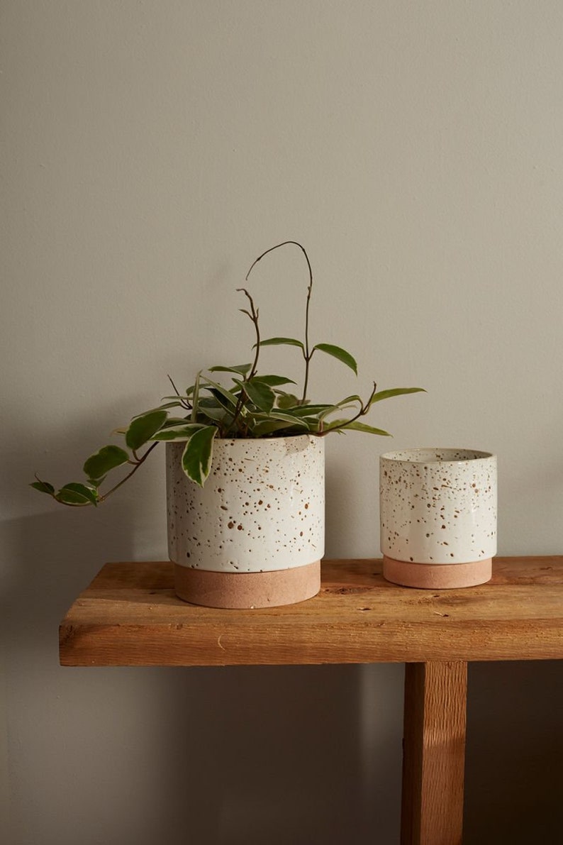 Speckled Saucer Planter - 6.5” Ceramic Pot - White Reactive Glaze with Brown Speckles - Scandinavian Style