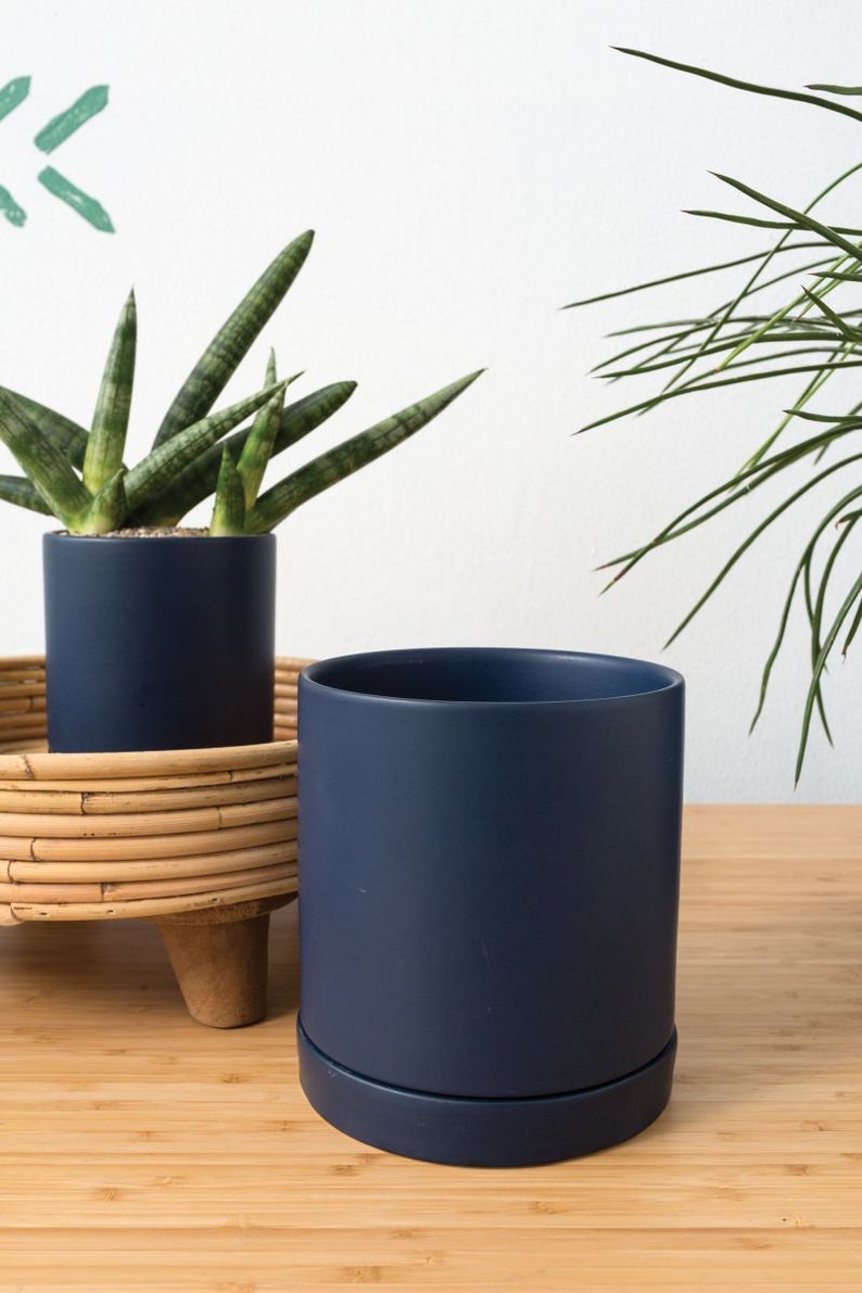 Navy Blue Ceramic Planter with Saucer - Modern Avery Pot - Drainage Hole - 4.25" x 4" - Perfect for Indoor Plants
