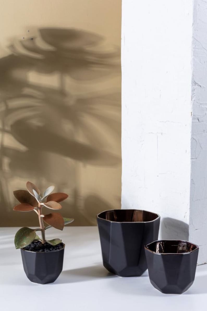 Geometric Ebony Planter Pot - Metallic Rim - Modern Ceramic Plant Pot - 4.5", 5.5", 7" Sizes