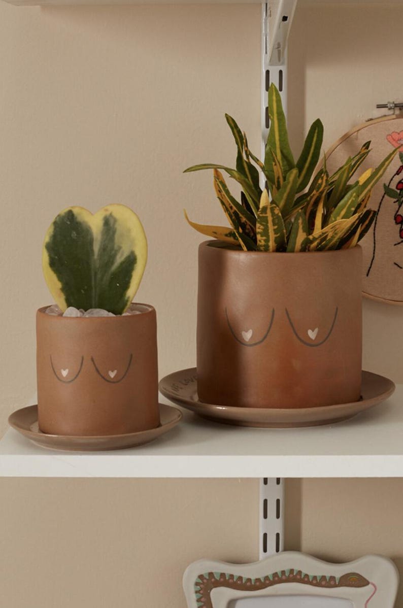 Topless Planter - Ceramic Pot for Houseplants - Nude Decor with Pink Hearts - Fits Up to 4" Plants - Unique Home Accent