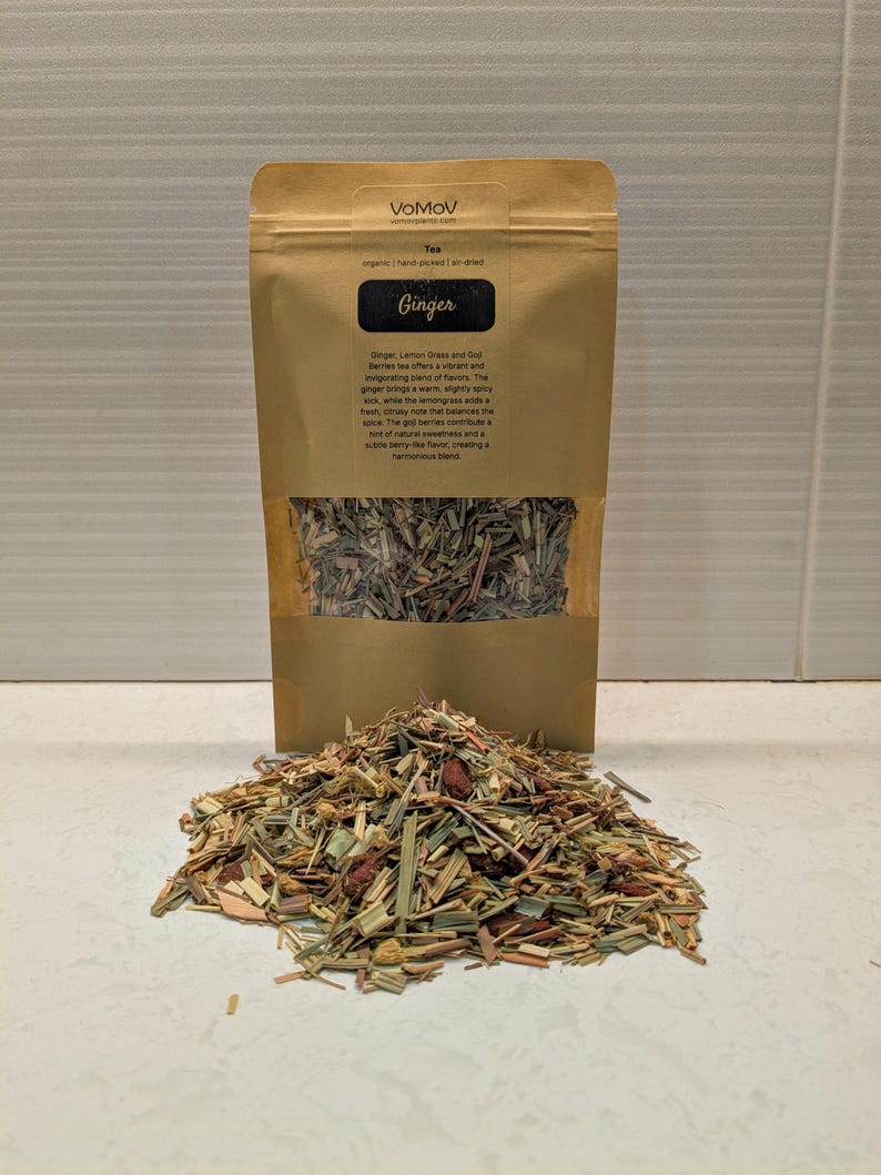 Organic Herbal Tea Blend 1 oz - Ginger Lemon Grass & Goji Berries - Natural Handmade Cold/Hot Brew - Fruity Floral Flavor
