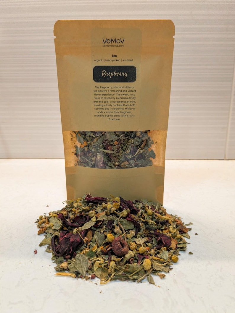 Organic Herbal Tea Blend 1 oz Raspberry Mint Hibiscus Natural Handmade Cold Hot Brew Refreshing Fruity Floral Flavor