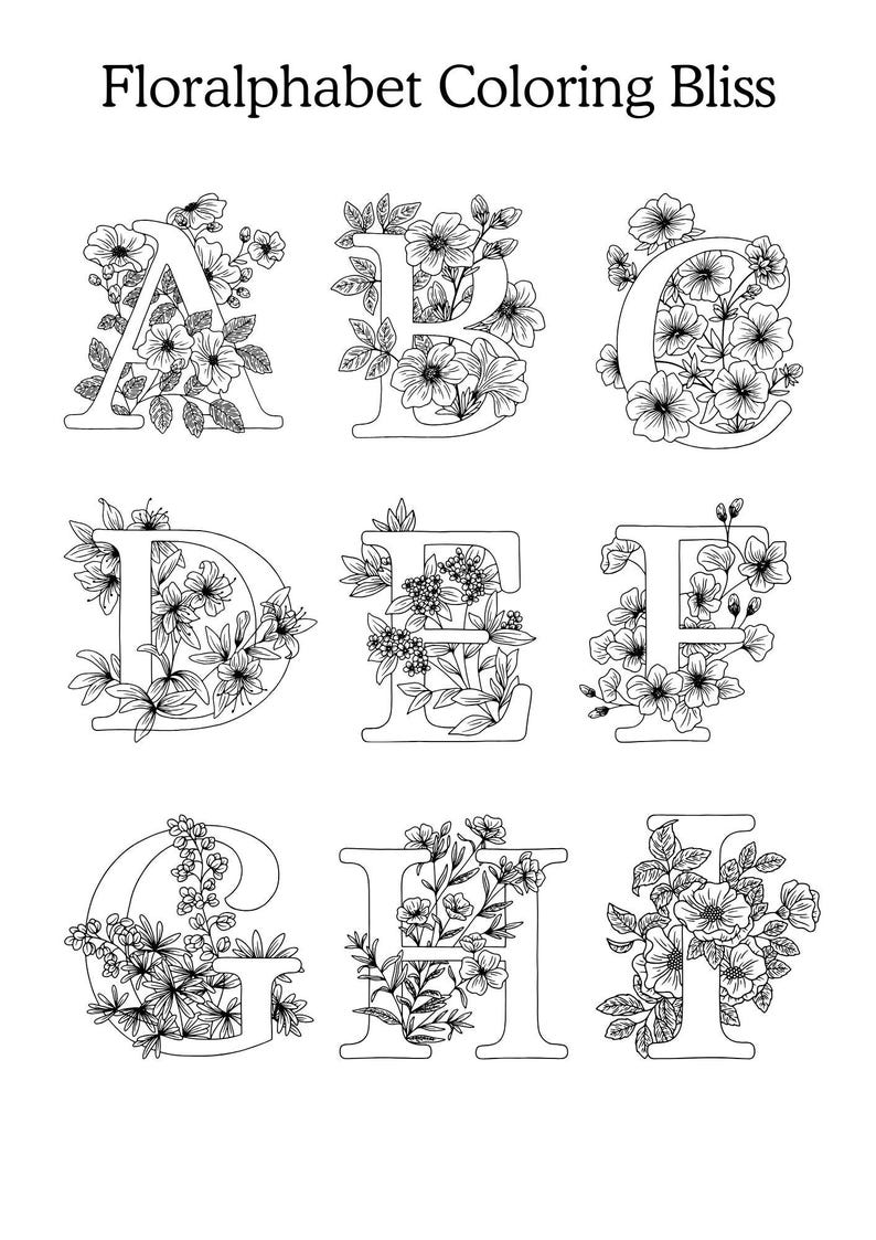 Floral Alphabet Coloring Book PDF - Hand-Drawn Flower Letters A-Z - Digital Download for Relaxation & Creativity