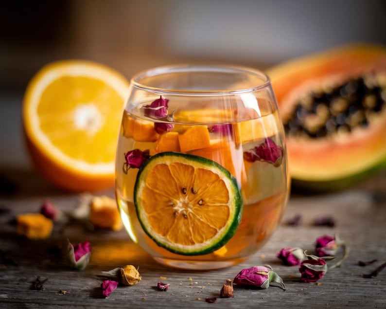 Organic Tea 3-Pack, Rose Orange Papaya Kumquat, Natural Hot Cold Brew, Air Dried Fruit Herb Flower Blend