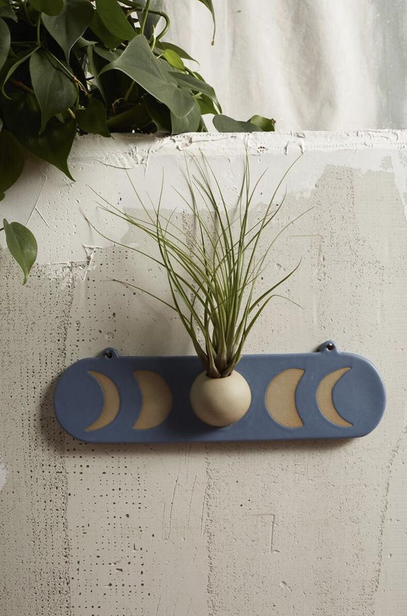 Moon Phase Wall Planter - 12.75" Lunar Ceramic Planter with Cutout Moon Phases - Minimalist Home Decor, Air Plant Holder