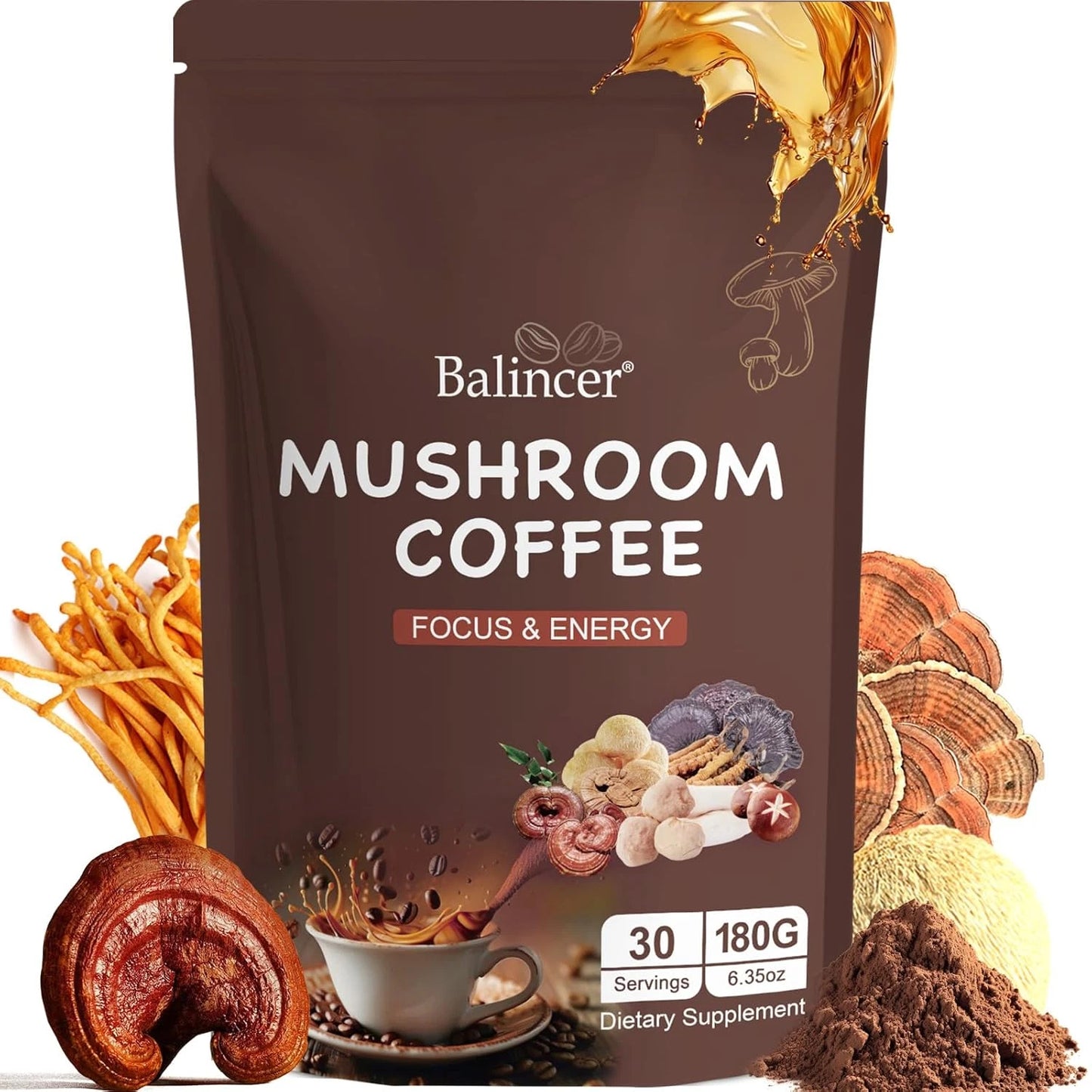 Organic Mushroom Coffee Powder, 6.35 oz, Adaptogenic Blend with Lion's Mane, Cordyceps, Turkey Tail & More, Non-GMO