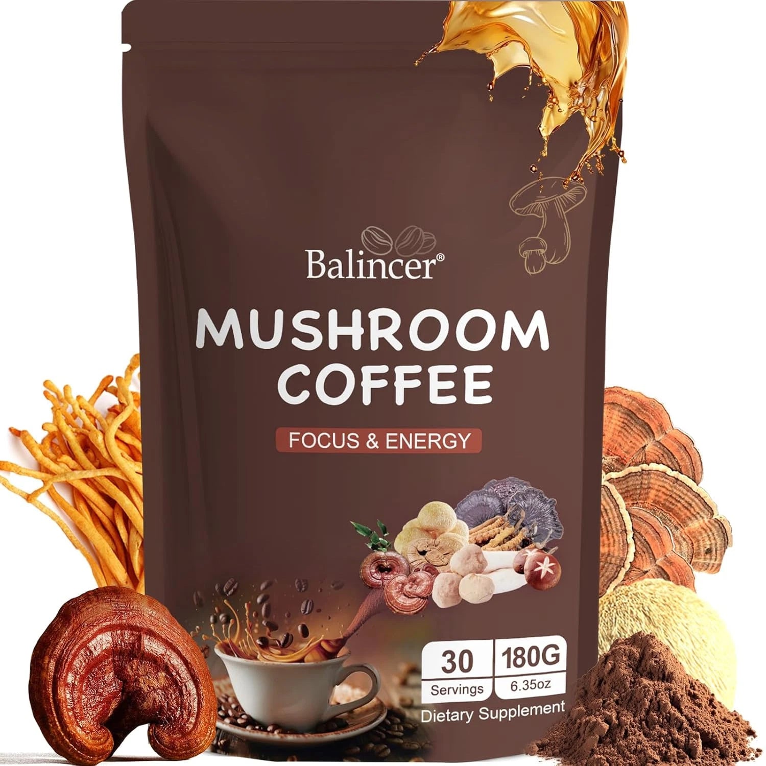 Organic Mushroom Coffee Powder, 6.35 oz, Adaptogenic Blend with Lion's Mane, Cordyceps, Turkey Tail & More, Non-GMO