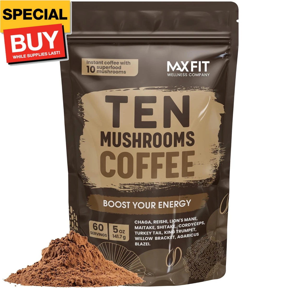 Mushroom Coffee 60 Servings Medium Roast with 10 Functional Mushrooms for Focus & Gut Health Support - Gourmet Arabica Blend