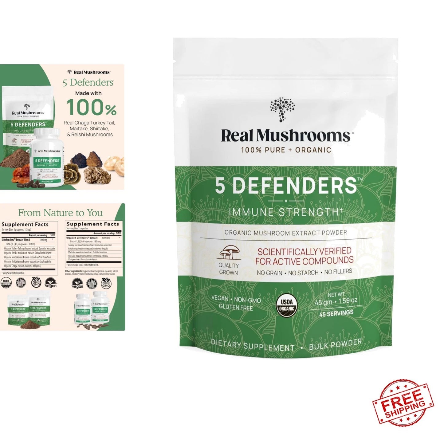 5 Defenders Mushroom Complex Powder - Functional Blend of Chaga, Shiitake, Reishi, Maitake, Turkey Tail - 45 Servings