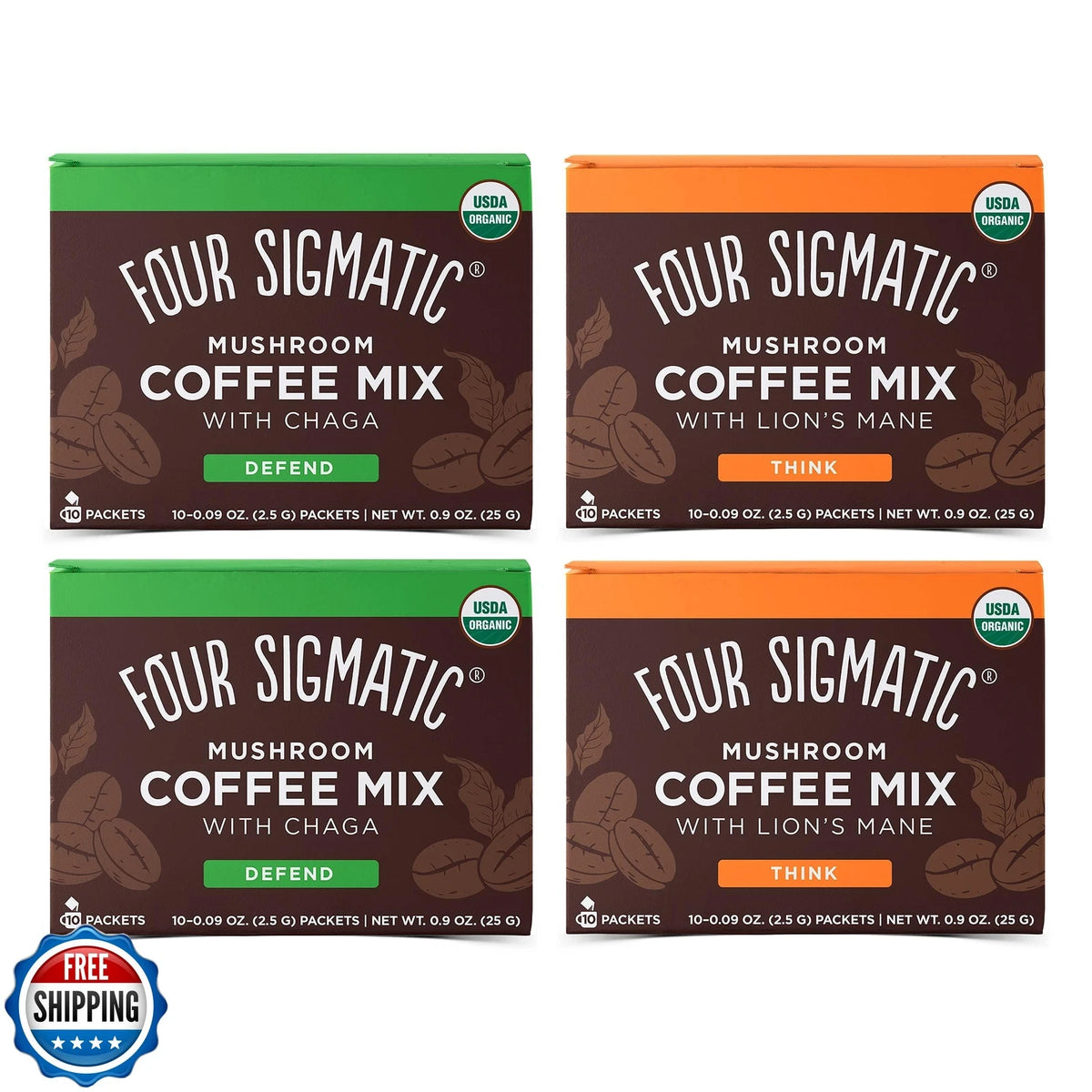 Mushroom Coffee Mix Pack of 4 - Lion's Mane, Chaga, Cordyceps - Four Sigmatic Instant Coffee Blend, 10 Packets