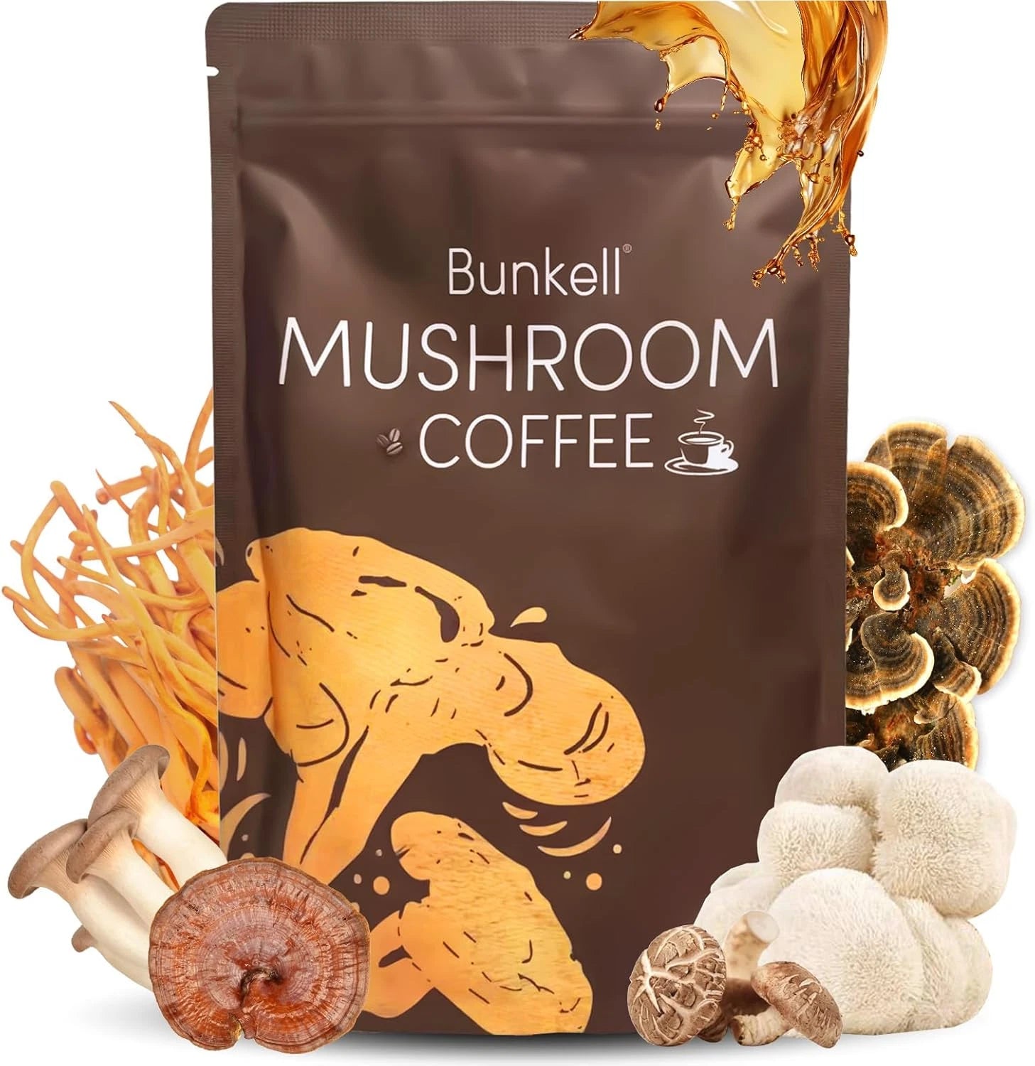 Organic Mushroom Coffee Powder, 6.35 oz, Lion's Mane, Reishi, Cordyceps, Shiitake, King Trumpet, Turkey Tail, Bunkell