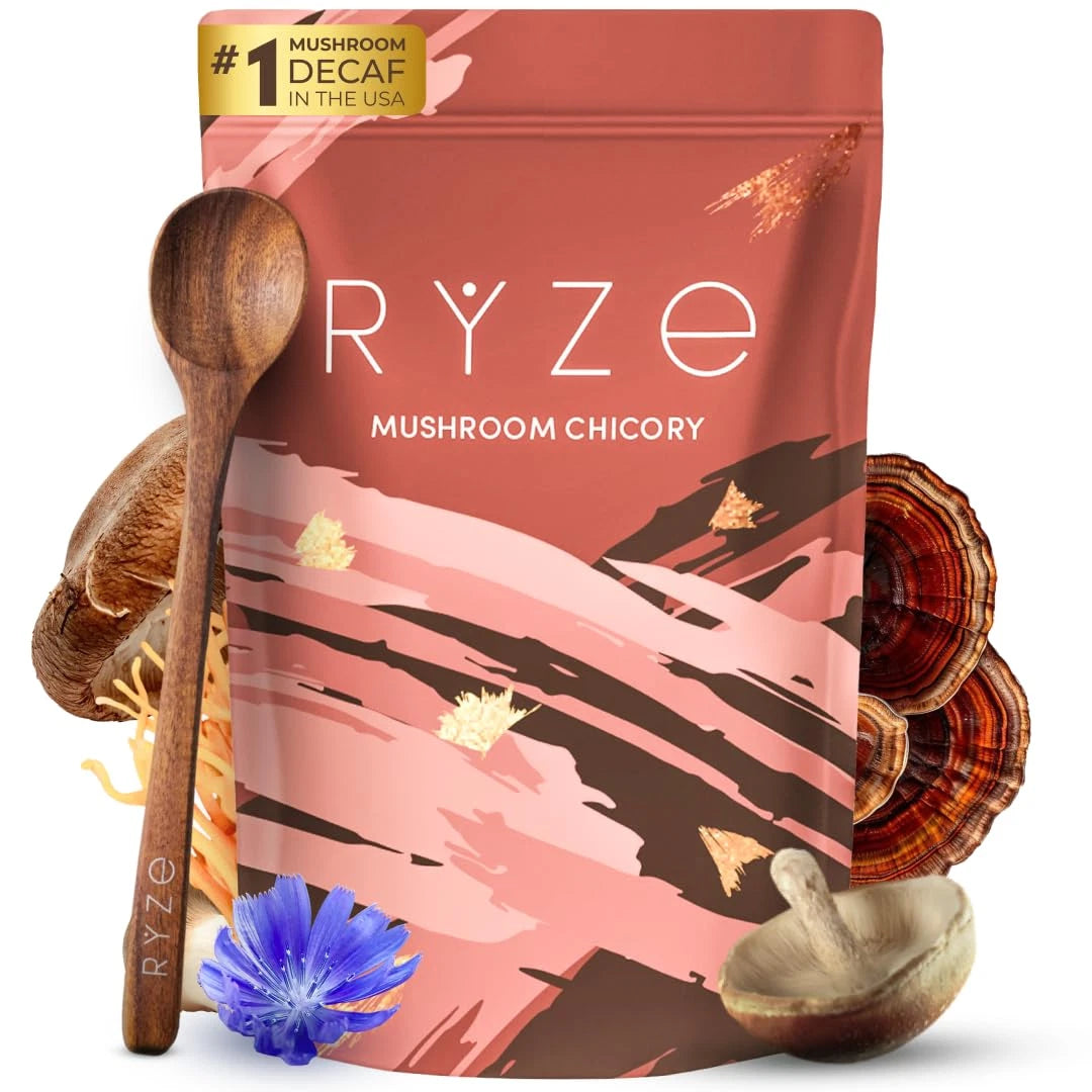 Mushroom Chicory Powder 10.55 oz Caffeine-Free Coffee Alternative with 6 Organic Adaptogenic Mushrooms RYZE SUPERFOODS
